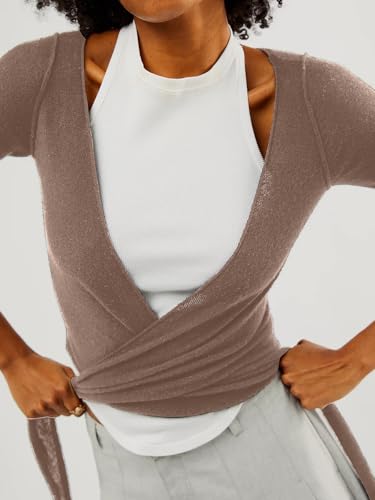 Women's Crop Sweater Tie Front Drawstring Long Sleeve V-Neck Lightweight Crochet Cardigan Solid Crop Brown2