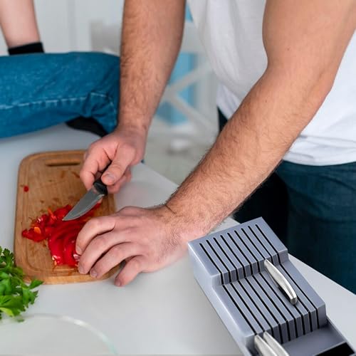 Retoo Ceppo Portacoltelli da 40 cm per 18 Coltelli, Professionale a Due Livelli, Universale per 6 Grandi Coltelli da Cucina, Cassetto per Utensili, Ufficio, Officina, Grigio - immagine 3