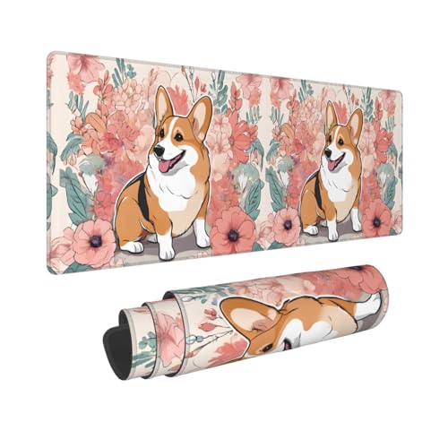 Tapis de souris de jeu fleurs corgi grand format 80x30.5 cm étanche