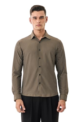 Image of SNITCH Men Casual Plus Size Shirt | Regular Fit Full Sleeve Mandarin Collar Striped Design | Premium Cotton Linen Blend & Breathable Fabric for Office & Everyday Wear