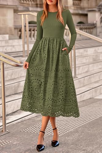 dowerme Women Spring Dresses 2026 Casual Long Sleeve Crewneck A-Line Boho Eyelet Cotton Maxi Wedding Guest Dress Pockets(Army Green,Small) — view 2