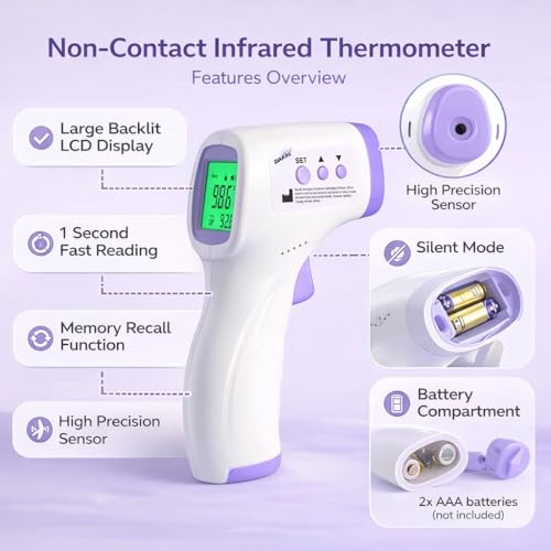 Thermomètre infrarouge à tête avant sans contact pour adultes & Les enfants, vite 1 Deuxième scanner numérique de température avec alarme de fièvre, mode Mute, rétroéclairé LCD Affichage & Rappel de mémoire