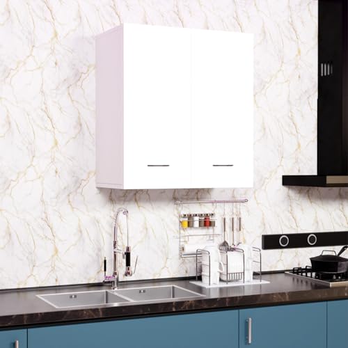 Image of 2 Door Wall Mounted Cabinet with Adjustable & Fixed Shelf | Engineered Wood Storage for Kitchen, Bathroom, Office & Living Room | DIY Assembly | Color: White | Size: 60 x 33 x 63.8 cm