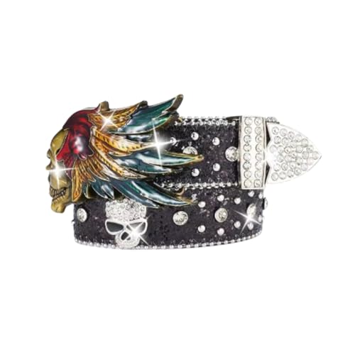 Sparkly Sequin Studded Belt with Bright Round Crystal and Skull Head Punk Rivet Strap Rhinestones Western Boucle