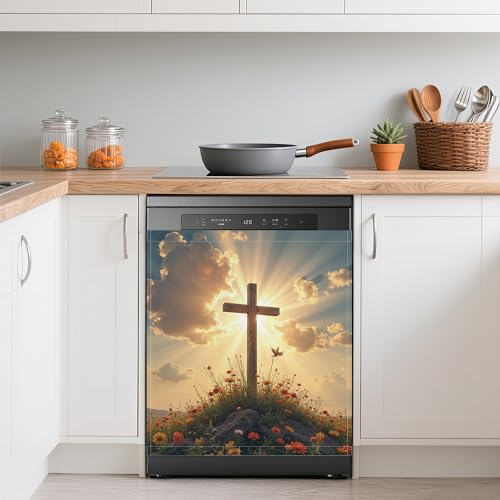 Image of Dishwasher Cover,Wooden Cross Reusable Dishwasher Magnet Cover,Decorative Easter Wildflowers Magnetic Refrigerator Cover Front Panel Cover for Kitchen Decor 23x26 Inch