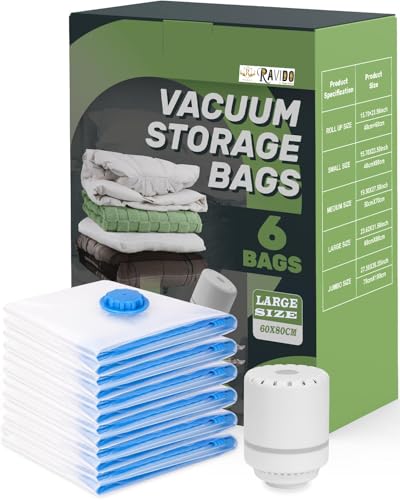 RAVIDO 6 PCS (60 X 80 CM) Vacuum Storage Bags with Electric Pump, Space Saver Bag Vacuum Seal Bags with Pump, Space Bag, Vacuum Sealer Bags for Clothes, Comforters, Blankets, Bedding (6 Large)