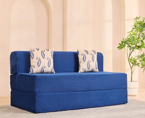 Image of uberlyfe Xtra High, Xtra Soft 3 Seater (5' x 6') Sofa Cum Bed | 1 Year Warranty | 17 inch Sofa Height | Queen Size Foldable Bed | Plush Laser Quilted Fabric | 2 Cushions Paisley Pattern | Deep Blue Color