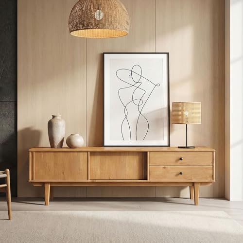 IDIMEX Meuble TV Simona L 175 cm en Bois Massif Coloris Chêne avec 2 Tiroirs 2 Portes Coulissantes, pour téléviseur jusqu'à 75