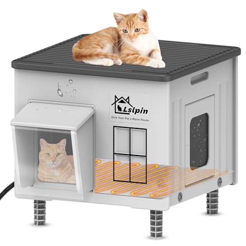 Indestructible Heated Cat House for Outside Cats Winter,Weatherproof & Insulated & Elevated Feral Cat House with Escape Door, Outdoor Indoor Cat Shelter for Stray Barn Cat 17.7×14.9×17.5