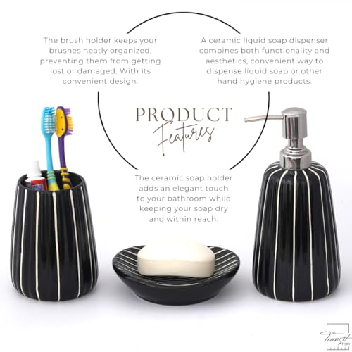 Image of Premium Ceramic Bathroom Accessories Set of 3 | Modern Luxury Bath Set with 300ml Soap Dispenser, Toothbrush Holder & Soap Dish | Home Decor Items (Black & White)