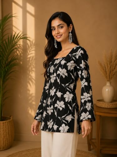 Image of Rayon Floral Print Short Kurti for Women | Square Neck Long Sleeve Top for Women | Criss Cross Back Desing Kurti | Soft Breathable Fabric | Relaxed Fit | Casual and Office Wear