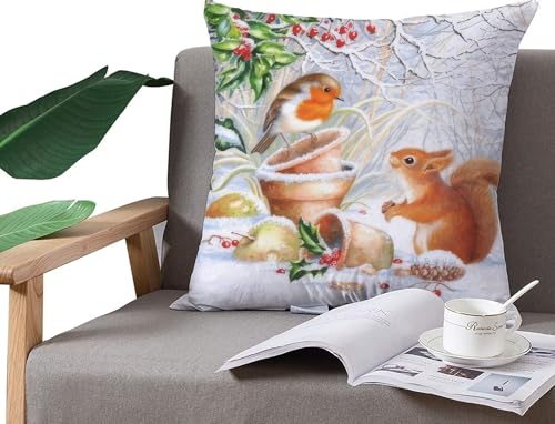 HUASHUZI Christmas Cushion Covers Xmas Decorations Throw Pillow Cover Winter Robin Bird Squirrel Animal Single Christmas Decor For Sofa Living Room Home 18x18 Inch 45x45cm - Image 3