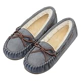 Vonair Women's Moccasin Slippers Micro Suede Warm Faux Fur Pile Lined Lace-Up Bow Cozy Indoor & Outdoor Moccasins Slip On Loafers Shoes for Women Grey US 8