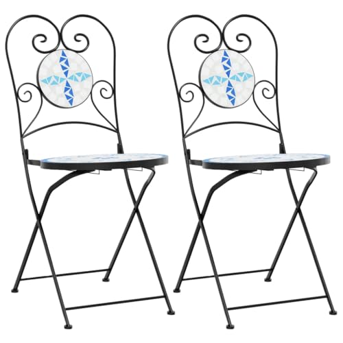 HETFTJN 2-Pack Ceramic & Iron Folding Mosaic Bistro Chairs, Blue/White
