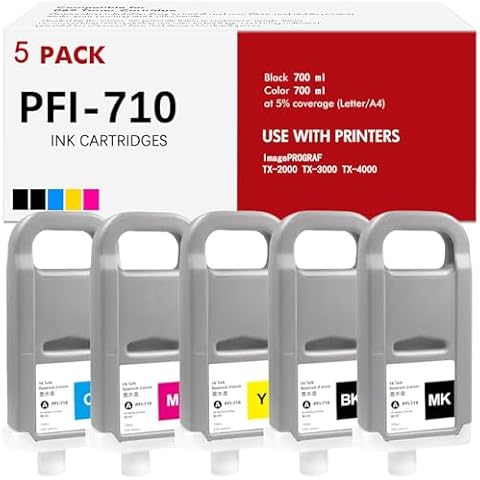 PFI-710 Ink Cartridges Set : 5 Pack PFI-710 PFI710 Replacement for Canon iPF TX-2000 TX-3000 TX-4000 Printer 2353C001 2354C001 2355C001 2356C001 2357C001 (5×700ml，MBK/BK/C/M/Y) Cover