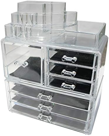Kamay's 5 In 1 XXXL Size Makeup Case Acrylic Clear Cosmetic Organiser Display Box Acrylic Makeup Storage 8 layers 10 Drawers With Top Section Lipstick Makeup Brush Tray