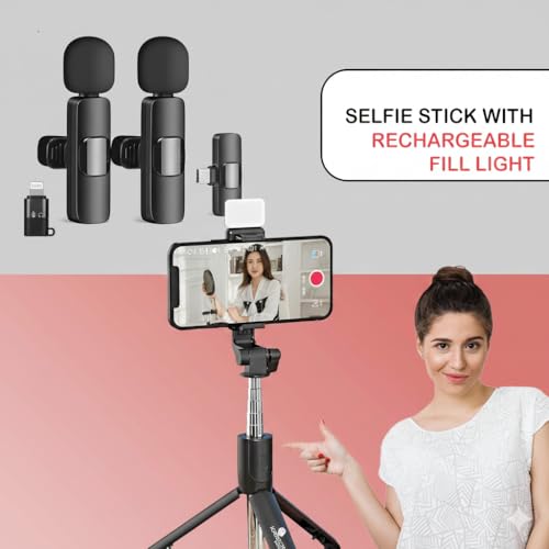 Image of Selfie Stick Tripod Stand 3 in 1 Multifunction Design Rechargeable LED Light Dual Brightness Makeup Photo Shoot K9 Dual Wireless Lavalier Microphone for Vlogs Reels YouTube Interview (K9+R1L)