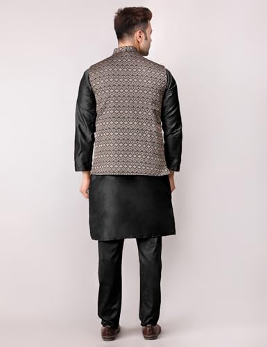 Image of Men's Cotton Silk Blend Regular Kurta Pyjama, Embroidered Nehru Jacket /Waistcoat Set