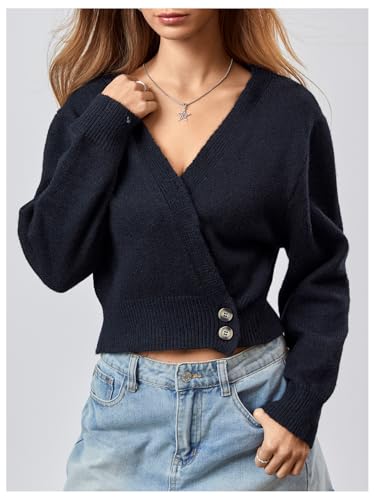 Image of WDIRARA Women's Wrap V Neck Sweater Button Front Long Sleeve Crop Knitted Top