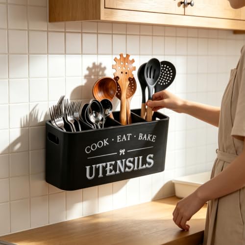 Image of Wooden Kitchen Utensil Holder Organizer for Counter or Countertop, Large Wooden Utensil Holder for Storage Cooking and Silverware with 4 Compartment,Rustic Wood Container Extra Large