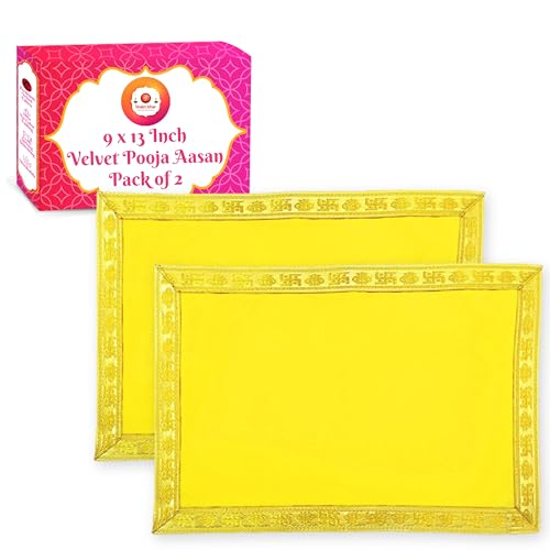 Image of Bhakti Lehar (9 x 13 Inch) Plain Yellow Velvet Pooja Aasan for God Idol /Chowki Aasan Kapda Cloth for Temple Shelf Home Mandir, Ganesh Baithak and God Idol Sitting - Pack of 2
