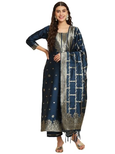 Image of VredeVogel Women's Cotton Silk Jacquard Kurta Pant Set with Banarasi Silk Dupatta