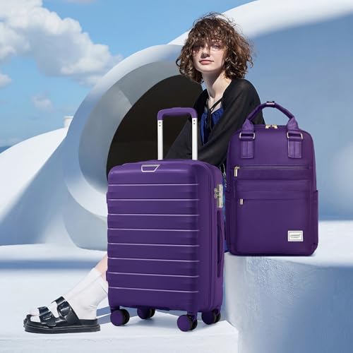 Image of LARVENDER Carry On Luggage 22x14x9 Airline Approved, Suitcases with Wheels | Hardside PP Carry On Suitcase with Backpack, Luggage Sets for Women Men, TSA Lock, Grape Purple