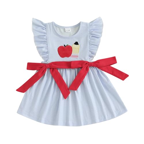 Little Girls Back to School Dress Apple Embroidery Flutter Sleeve Dresses Toddler Kids First Day of School Outfits
