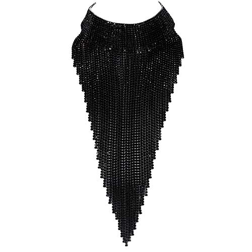 Flyonce Rhinestone Statement Necklace for Women, Tassel Bib Choker Collar Chunky Costume Jewelry Black