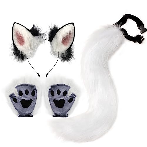 Faux Fur Fox Cat Ears Hair Headband Tail Gloves Set Fluffy Cat Fox Wolf Tail Ears Hair Clip Claw Gloves for Anime Fancy Dress Party Halloween Christmas Dress Up Carnival Role Play