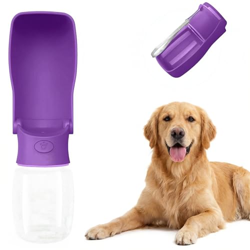 Foldable 12oz Plastic Dog Water Bottle with Trough Dispenser—Purple