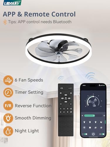 Image of LEDIARY Ceiling Fans with Lights, 23 inch Low Profile Flush Mount Ceiling Fan, Dimmable LED, APP & Remote Control, Quiet Reversible DC Motor, 6 Speeds, Fandelier for Bedroom, Black