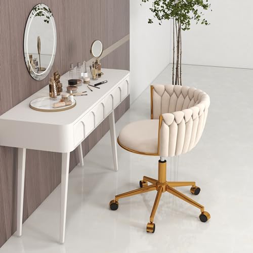 ABET-Desk-Chair-with-Wheels-Modern-Velvet-Office-Chair-for-Desk-Hand-Woven-Vanity-Makeup-Chair-for-Girls-Women-Bedroom-360-Swivel-Height-Adjustable-Gold-Base-Task-Armchair-Beige ABET Desk Chair with Wheels Modern Velvet Office Chair for Desk Hand Woven Vanity Makeup Chair for Girls Women Bedroom 360 Swivel Height Adjustable Gold Base Task Armchair Beige