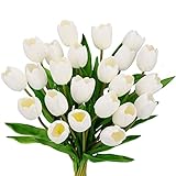 ZSHCONG 24pcs Tulips Artificial Flowers 17.5”Length Half Open Real Touch Pu Fake Flowers Odorless Gift Box Package for Home Decorations Centerpieces Arrangement Wedding Bouquet (White)