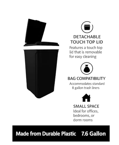 Caneca de basura para cocina, 7.6 galones, plástico, tapa táctil negra miniatura 2