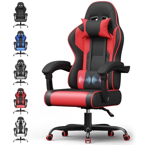 Airfish Chaise Gaming Ergonomique avec Massage Lombaire Électrique, Fauteuil Gamer en Cuir PU, Siège Réglable, Dossier Inclinable 90°-150°, Chaise Bureau Gaming, Charge 150KG, Rouge