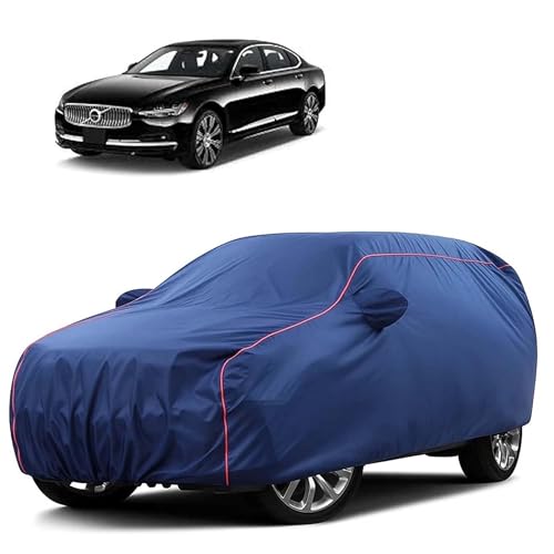 Image of Sulfar 100% Water Resistant Car Body Cover Compatible with Mirror for Volvo S 90 (Triple Stitched, Full Bottom Elastic, Blue Tafetta with Red Piping)