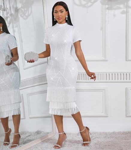 Image of Cololura Sexy Elegant Women Sequin Long Sleeve Tassel Bodycon Midi Dress Party Evening Gown Formal Dress