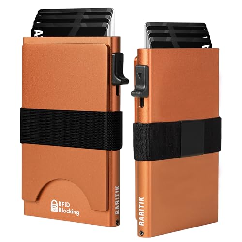 Image of Card Holder Wallets for Men | Slim Aluminum Wallet | RFID Blocking Minimalist Metal Pop Up Wallet | Money Clip & Cash Band | Expandable Compact Plate | Men's Accessories & Gifts for Men,Orange