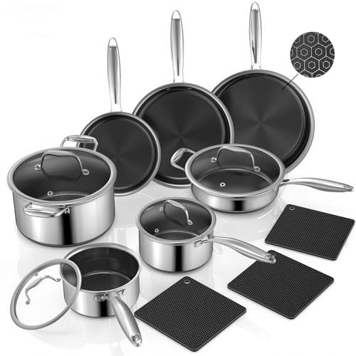 Yoehka 14-Piece Hybrid Stainless Steel Cookware Set, Non-Stick Pots and Pans Set with 3 Silicone Trivets | Induction Compatible Frying Pans, Saucepans, Saute Pan & Stock Pot | Oven Dishwasher Safe