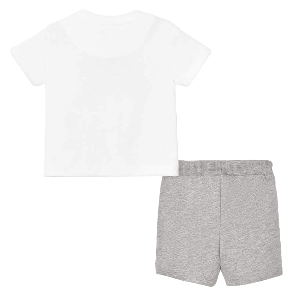 Set für Kinder, weißes T-Shirt mit Drachen-Grafik und grauen Shorts mit Streifen- und Sternendetails, Set aus T-Shirt und kurzen Hosen für den Sommer 1690