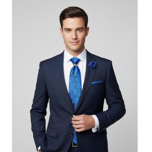 Image of 5PCS Mens Silk Tie, Pocket Square, Cufflinks, Drilled Tie Ring and Lapel Pin Set for Wedding Groom Party