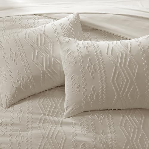 Image of AMBERSPACE Full Size Comforter Set Beige, Tufted Boho Bedding Farmhouse Bed Set, All Season 7 Pieces Bed in a Bag with Sheets, Pillowcases & Shams
