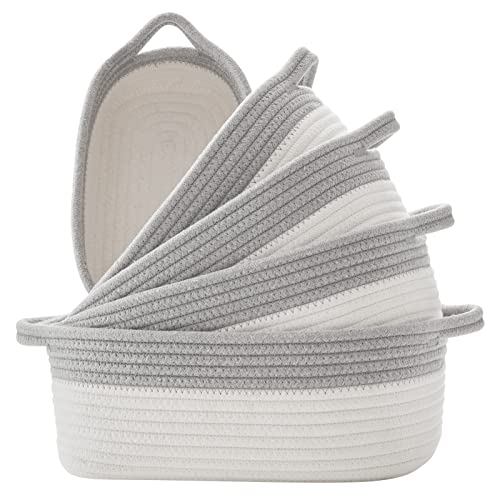 Image of OIAHOMY Cotton Rope Storage Basket, Set of 5 Woven Baskets for Organizing with Handles, Decorative Basket for Baby Nursery, Dog Cat Toy Baskets - Grey & White