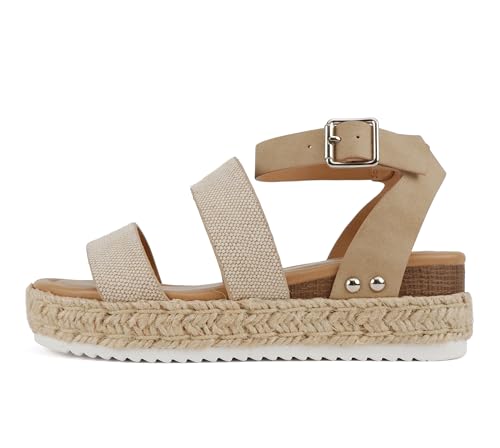 Image of Soda BRYCE-2 Kids /Children /Girls Open Toe Two Bands Espadrille Jute Platform Wedge Casual Fashion Flatform Sandals with Buckle Ankle Strap