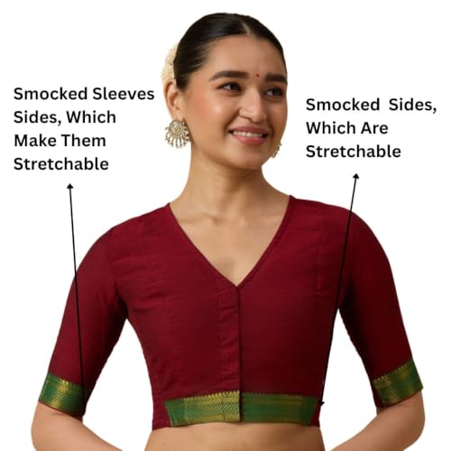 Image of Studio Shringaar Women's Handloom Cotton Stretchable (Smocked) Saree Blouse with Temple Zari Border