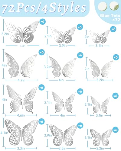 Image of 72Pcs 3D Butterfly Wall Decor,Silver Butterfly Decorations, 4 Styles 3 Sizes Removable Butterflies Wall Stickers Kids Bedroom Cake Nursery Room Decor