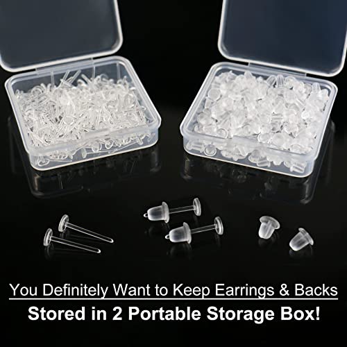 Clear Earrings For Sports, 400Pcs 18g Plastic Earrings For Sensitive Ears, Clear Stud Earrings for Work with Solid Plastic Posts and Soft Rubber Earring Backs in 2 Organizer Box2