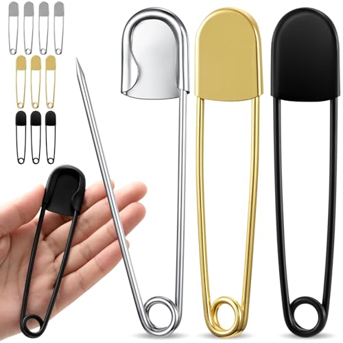 Juexica 10 Pcs Large Safety Pins 5 Inch Jumbo Stainless Steel Safety Pins Heavy Duty Huge for Strong Laundry Upholstery Sewing Quilting Key Rings Craft Outdoor (Black,Silver,Gold)