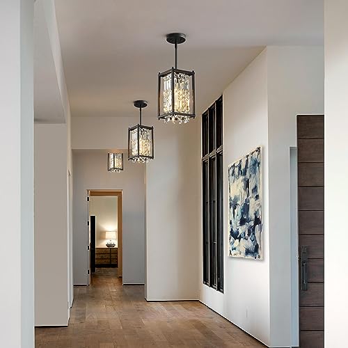 Image of LMQNINE Modern Black Pendant Light Fixtures for Kitchen Island, Crystal Chandelier Lights Fixture, Adjustable Farmhouse Pendant Lighting for Dining Room Bedroom (Square 1-Light)